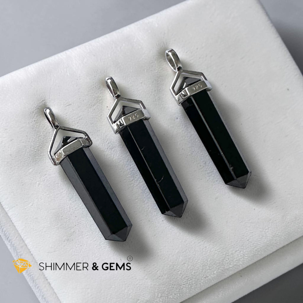 Black Tourmaline Double Pointer Pendant in 925 Silver 40mm (Protection & Energy Shield)