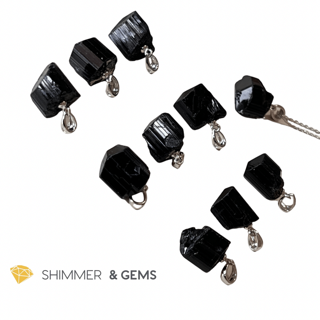 Black Tourmaline Raw 925 Silver Pendant (Protection) Charms & Pendants
