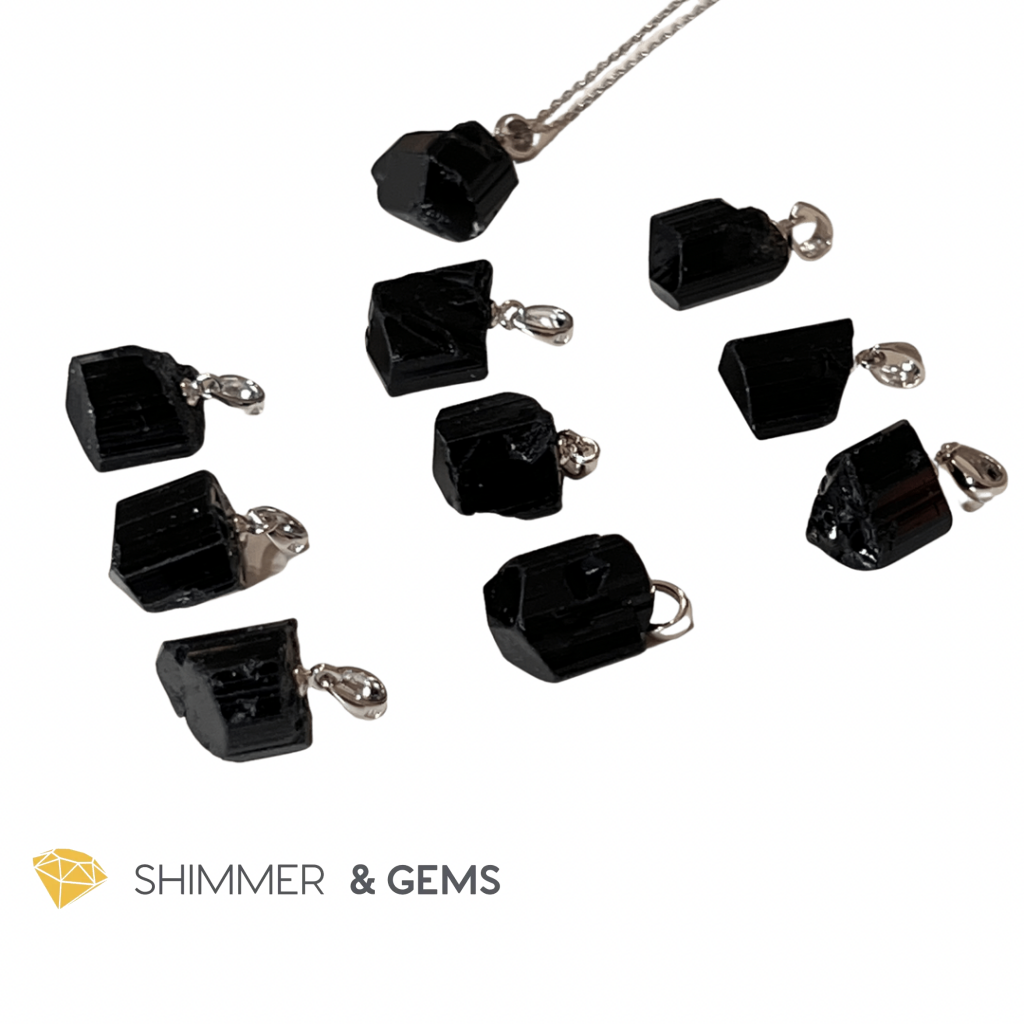 Black Tourmaline Raw 925 Silver Pendant (Protection) Charms & Pendants