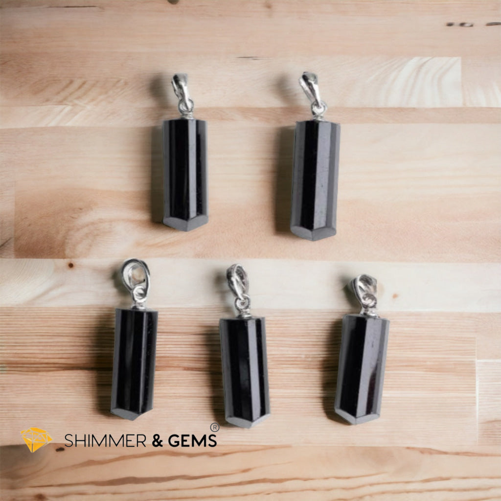 Black Tourmaline Tube 925 Silver Pendant (Protection)