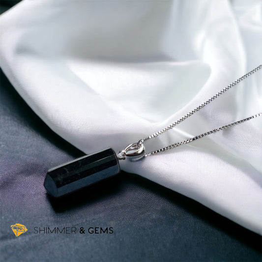 Black Tourmaline Tube 925 Silver Pendant (Protection)