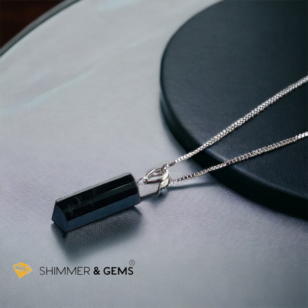 Black Tourmaline Tube 925 Silver Pendant (Protection)
