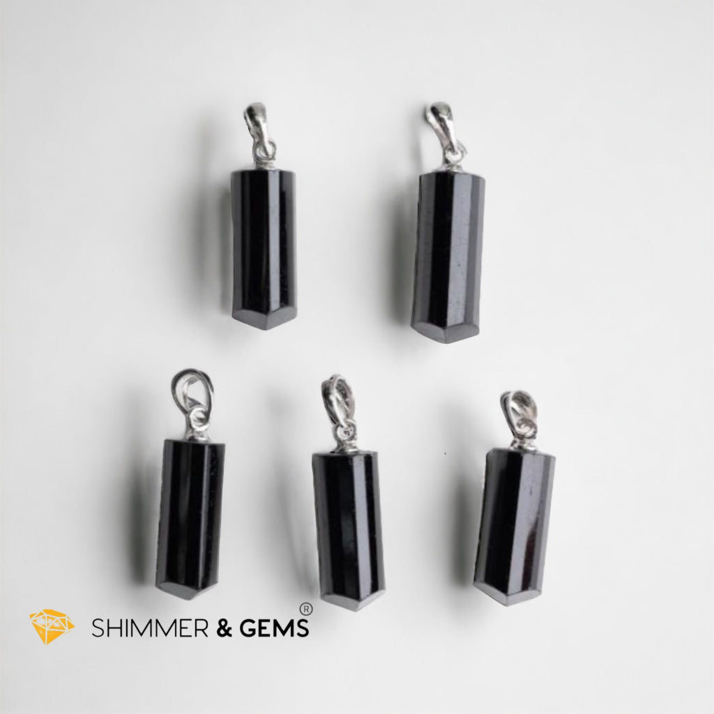 Black Tourmaline Tube 925 Silver Pendant (Protection)