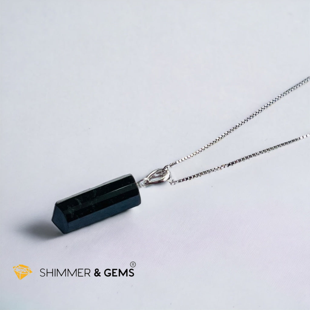 Black Tourmaline Tube 925 Silver Pendant (Protection)