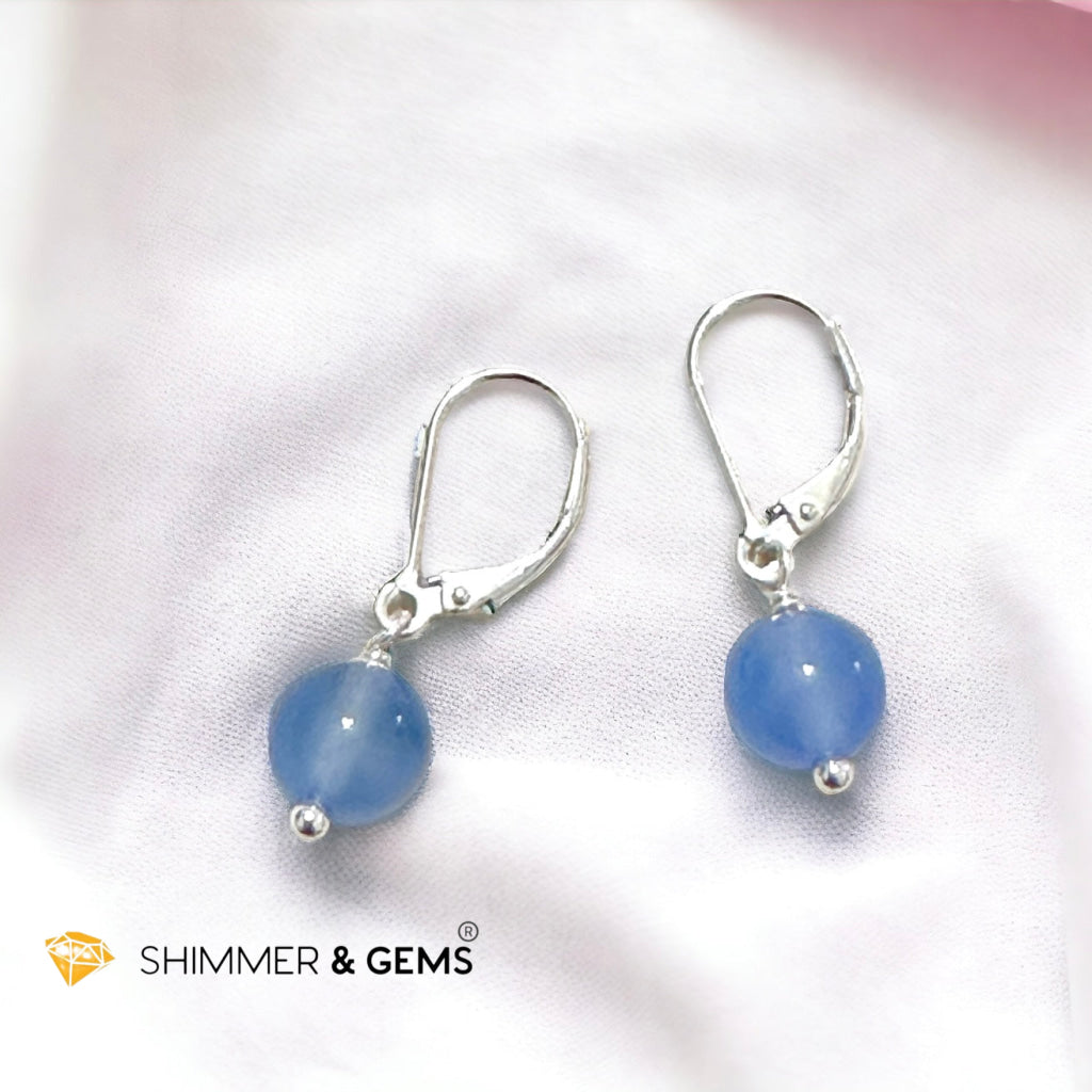 Blue Agate 8mm Ball 925 Silver Leverback Hook Earring