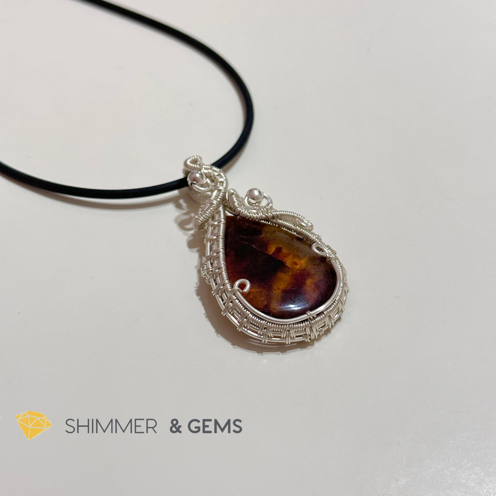 Blue Amber Wire-Wrapped Pendant (Stainless Steel) Indonesia