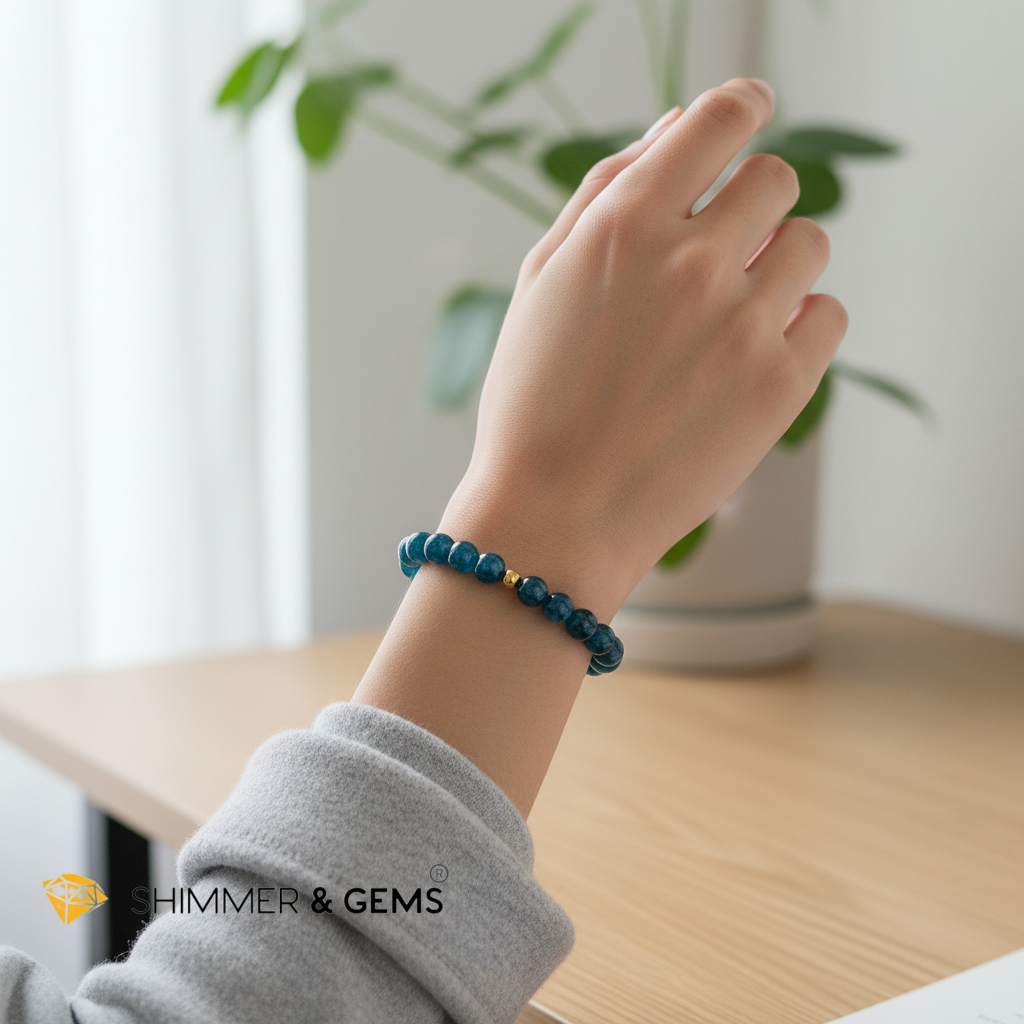 Blue Apatite 8mm Bracelet with 14k Gold Filled Bead (Weight Management)