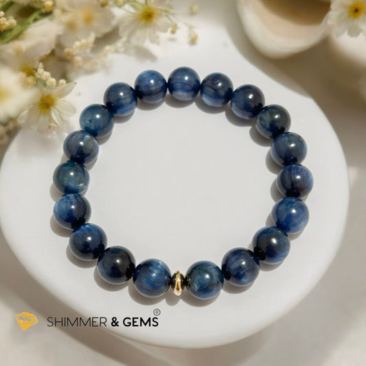 Blue Kyanite 10mm Bracelet with 14k gold filled Bead (AAA Grade) For Men & Women (Not Dyed, All Natural) Premium, Encoded & Activated