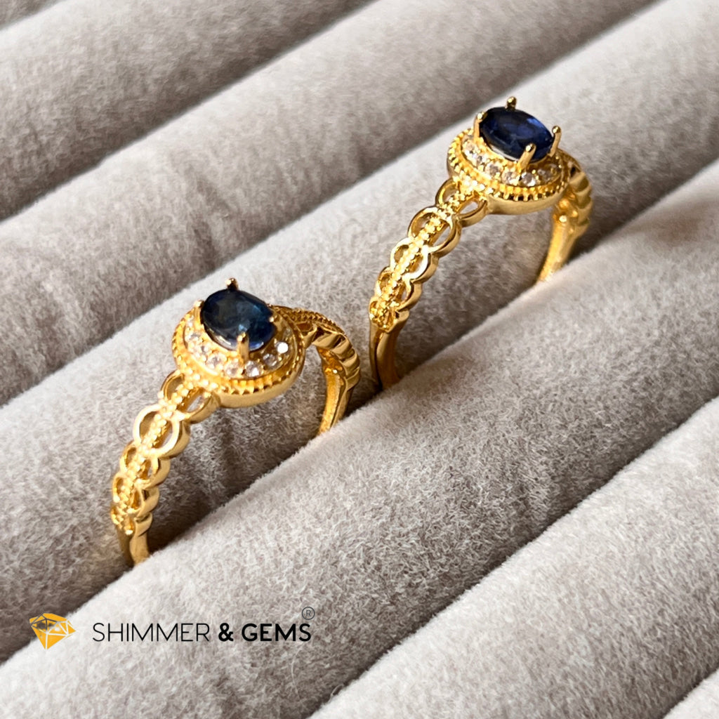 Blue Sapphire 925 Silver Rings With Zircon (Gold Plating) Adjustable Size