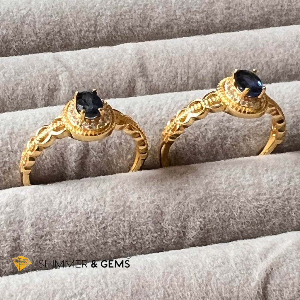 Blue Sapphire 925 Silver Rings With Zircon (Gold Plating) Adjustable Size