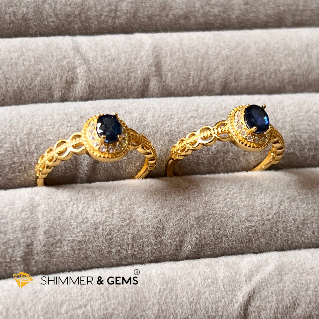 Blue Sapphire 925 Silver Rings With Zircon (Gold Plating) Adjustable Size