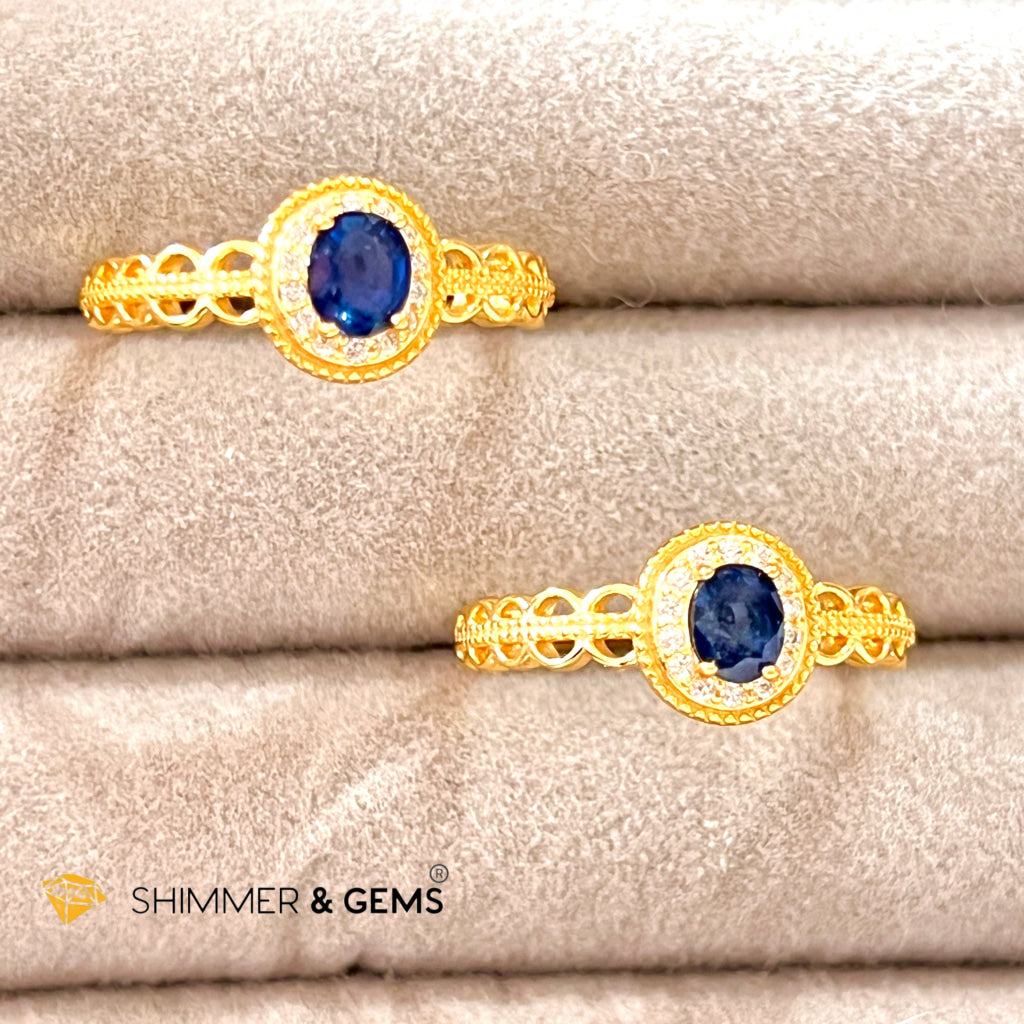 Blue Sapphire 925 Silver Rings With Zircon (Gold Plating) Adjustable Size