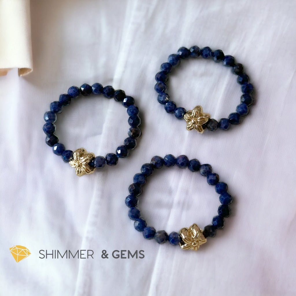 Blue Sapphire Beads Ring with 14k Copper Flower Charm (3mm)