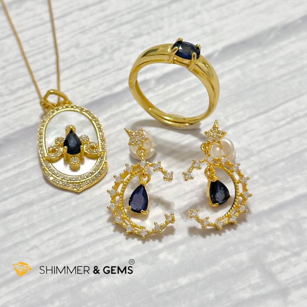 Blue Sapphire Jewelry Set (Earrings, Ring & Pendant) 925 Silver Gold Plated