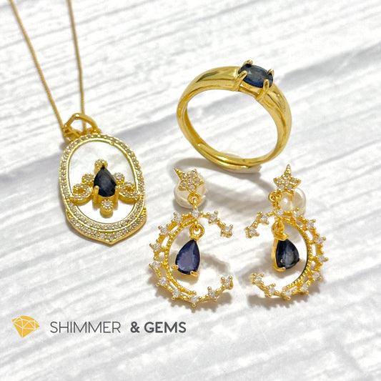 Blue Sapphire Jewelry Set (Earrings, Ring & Pendant) 925 Silver Gold Plated