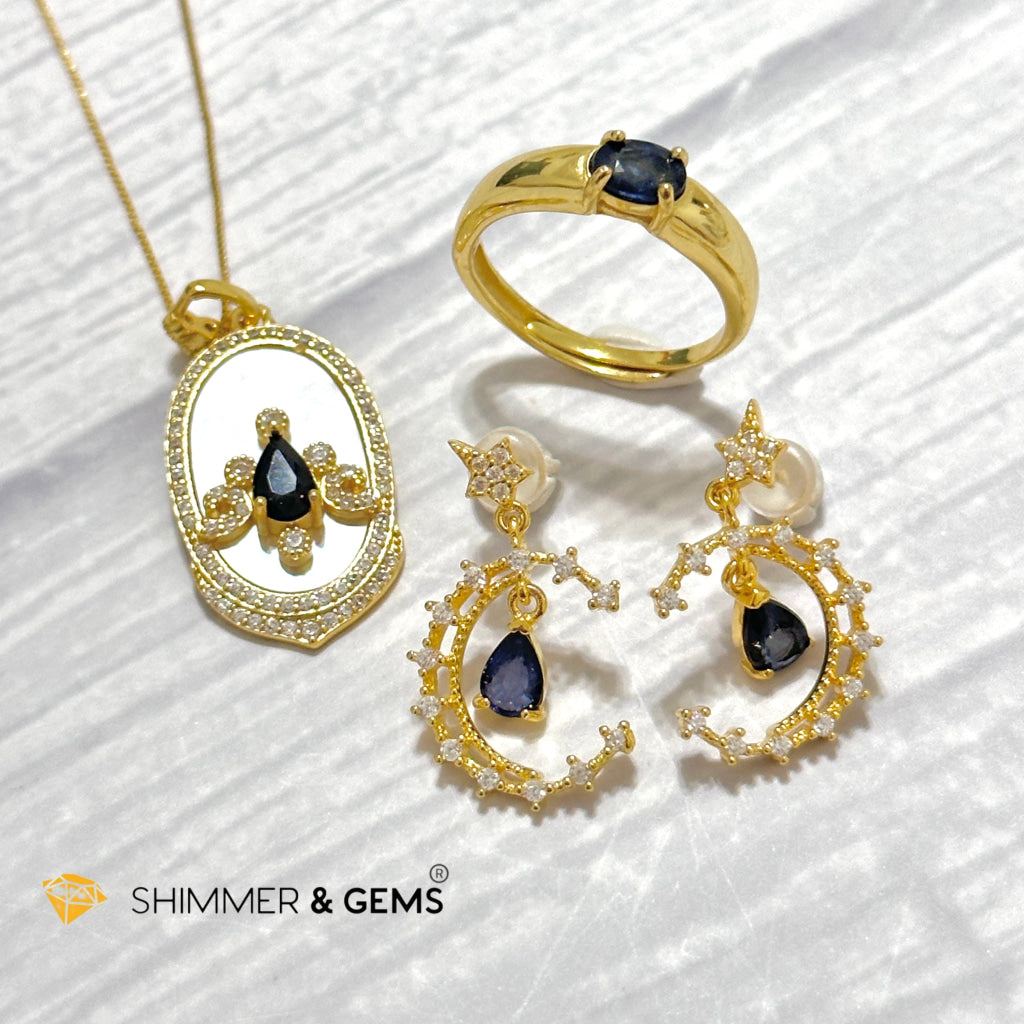 Blue Sapphire Jewelry Set (Earrings, Ring & Pendant) 925 Silver Gold Plated