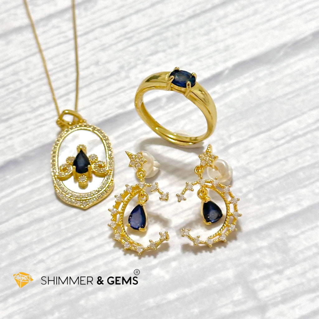 Blue Sapphire Jewelry Set (Earrings, Ring & Pendant) 925 Silver Gold Plated