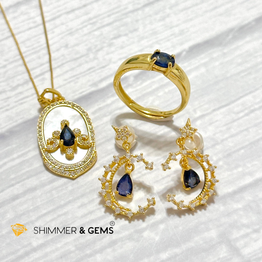 Blue Sapphire Jewelry Set (Earrings, Ring & Pendant) 925 Silver Gold Plated