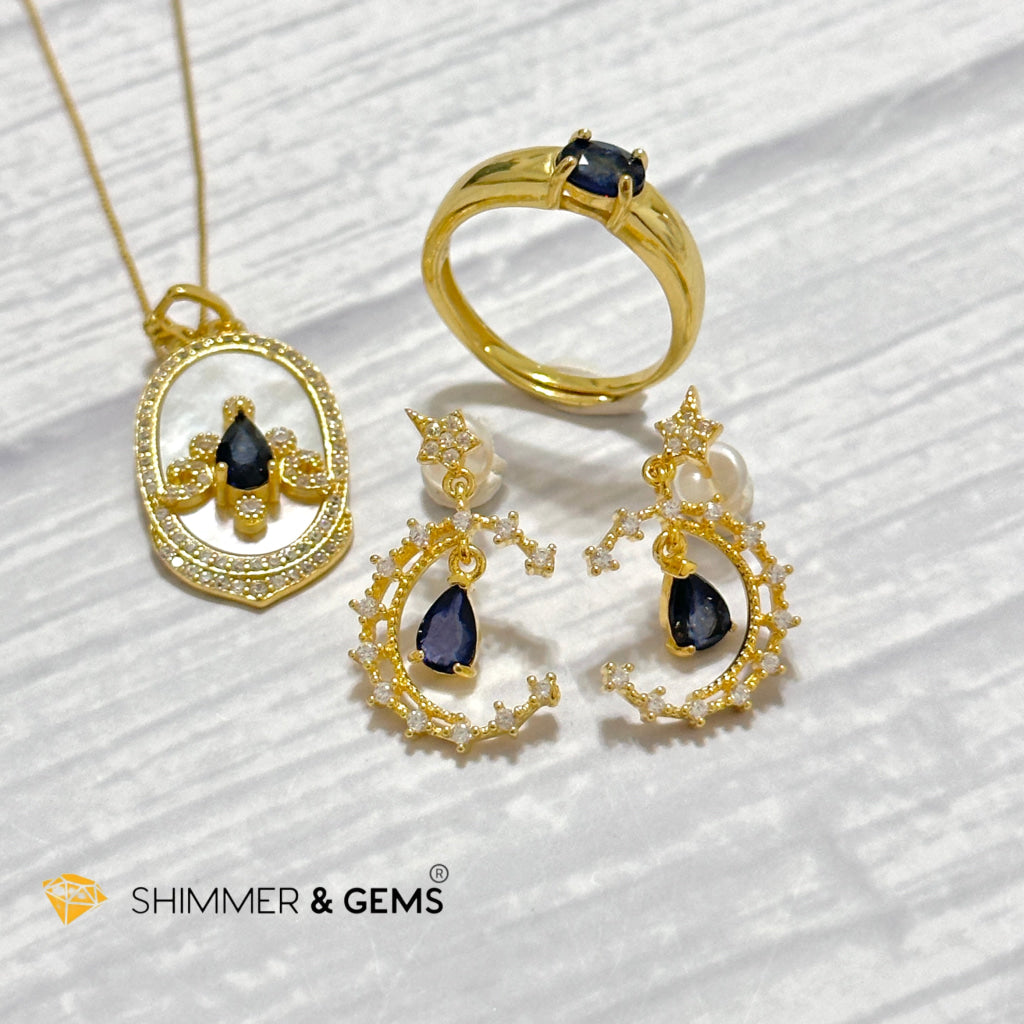 Blue Sapphire Jewelry Set (Earrings, Ring & Pendant) 925 Silver Gold Plated