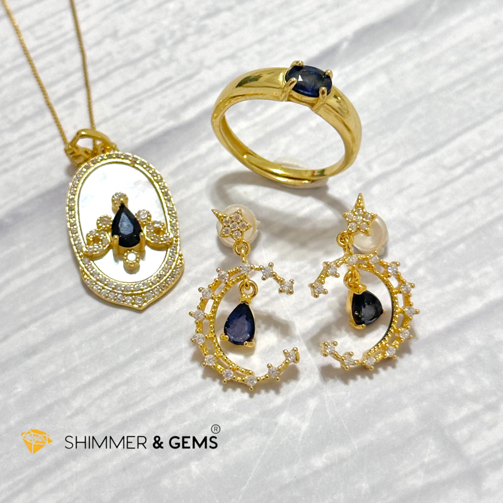 Blue Sapphire Jewelry Set (Earrings, Ring & Pendant) 925 Silver Gold Plated