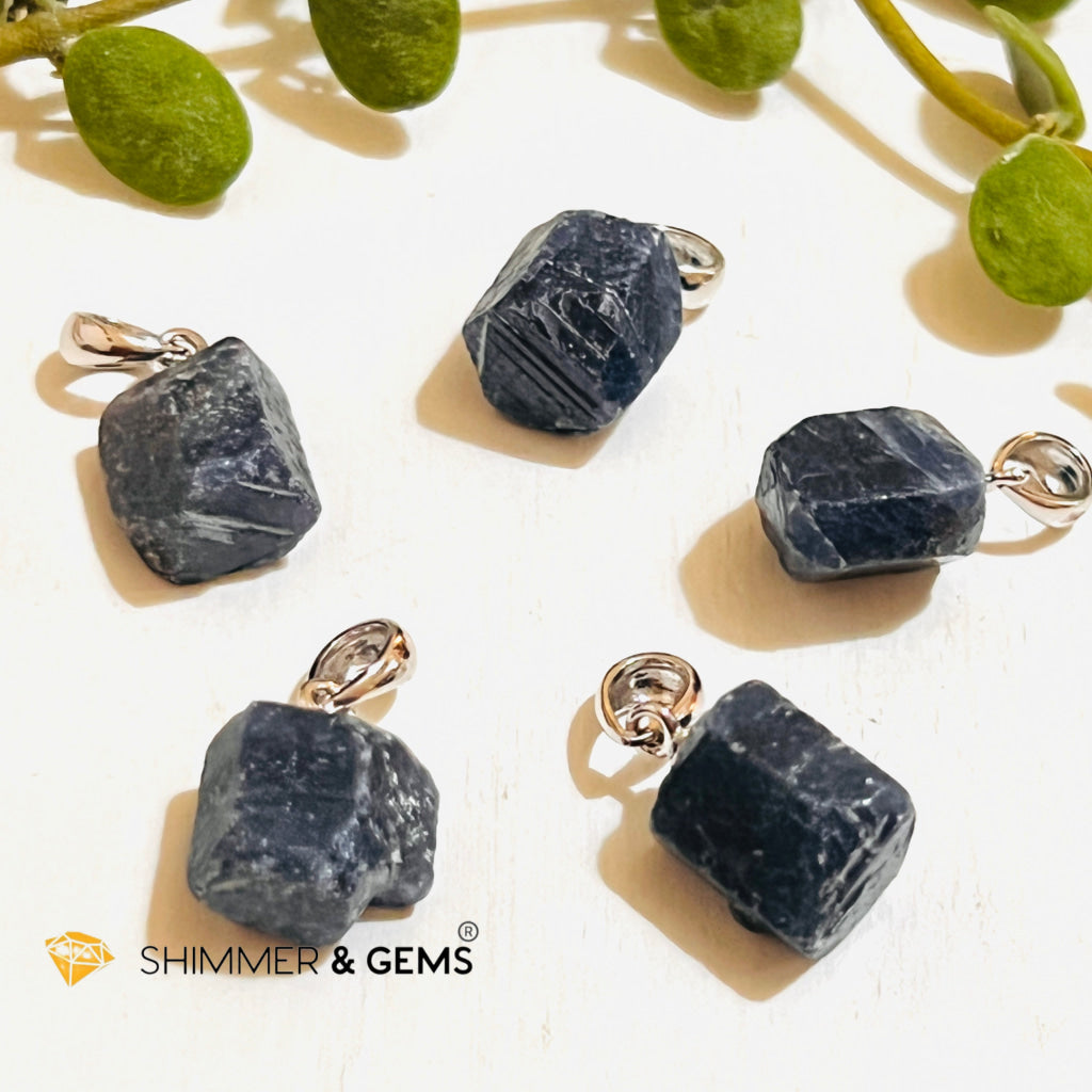 Blue Sapphire Raw Pendant (Fame & Wealth) 925 Silver (Aa Grade) 12.5 Carats Charms Pendants