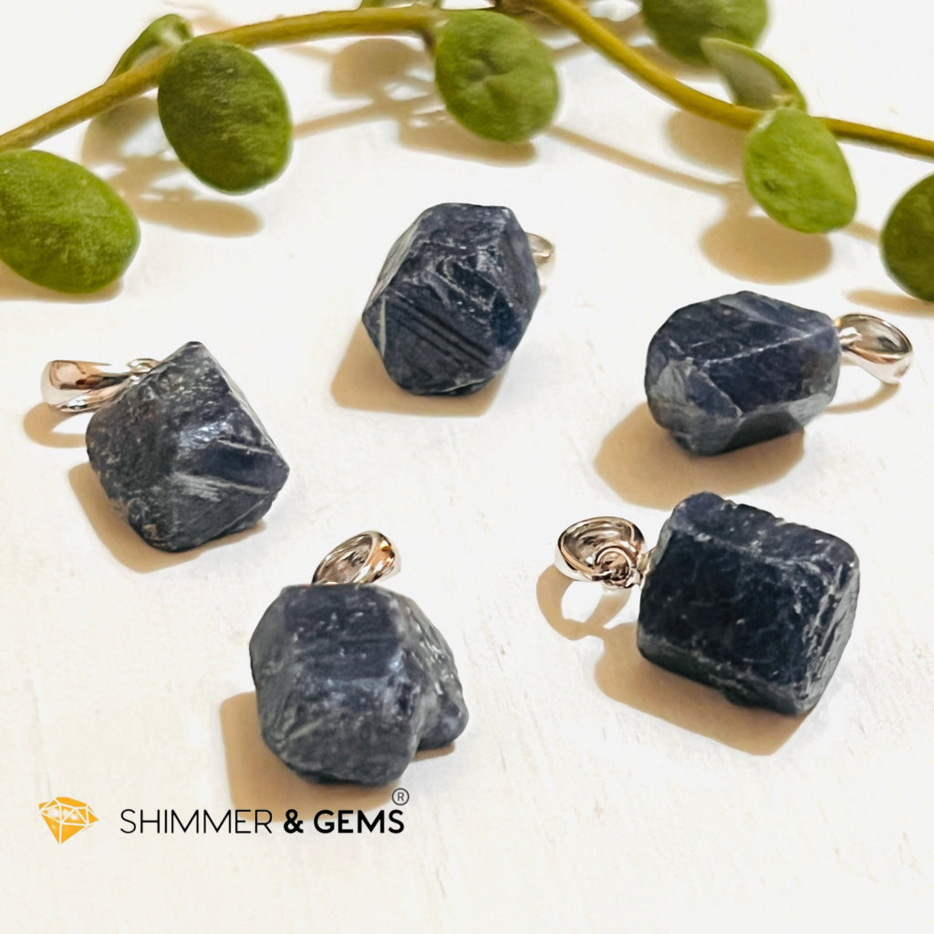 Blue Sapphire Raw Pendant (Fame & Wealth) 925 Silver (Aa Grade) 12.5 Carats Charms Pendants