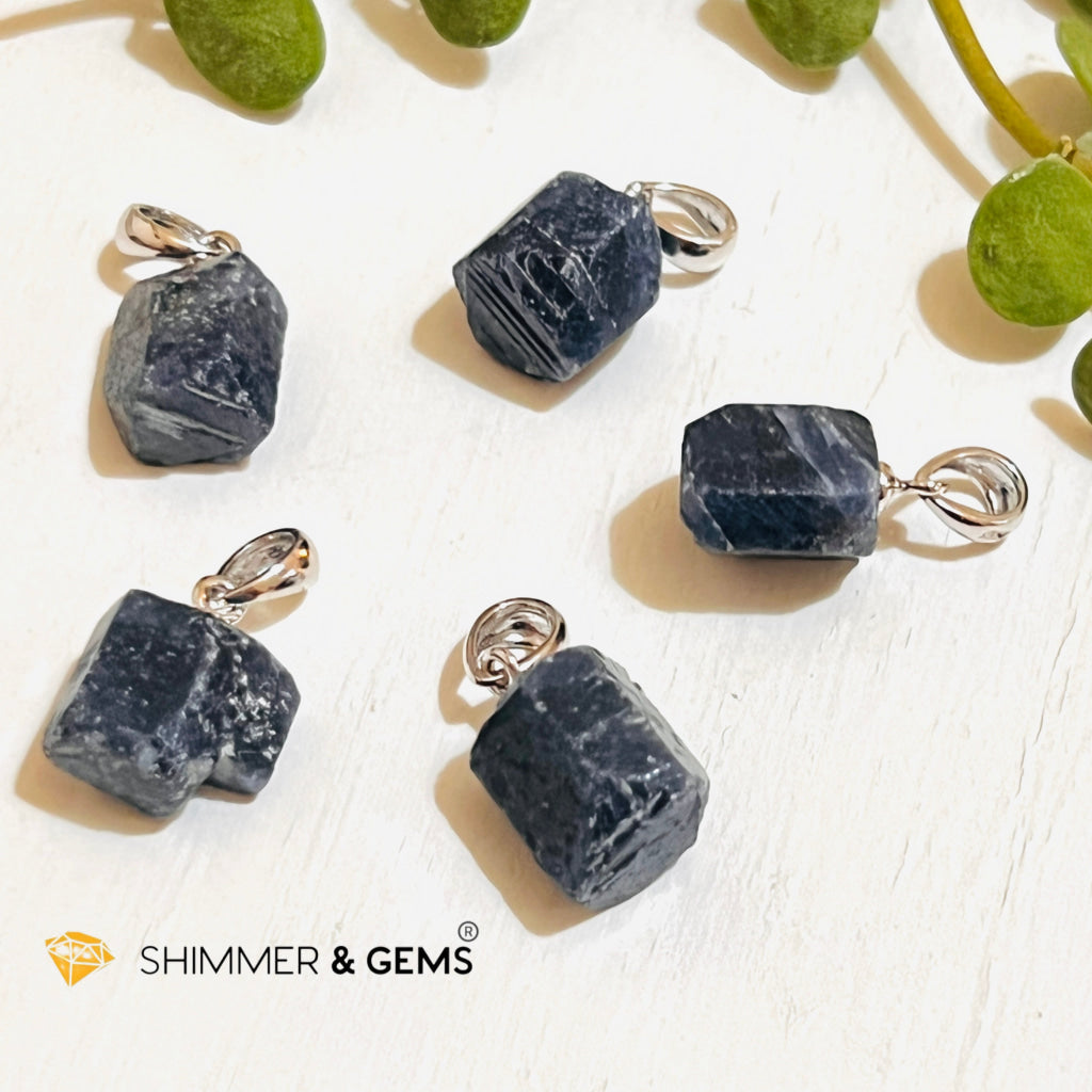 Blue Sapphire Raw Pendant (Fame & Wealth) 925 Silver (Aa Grade) 12.5 Carats Charms Pendants