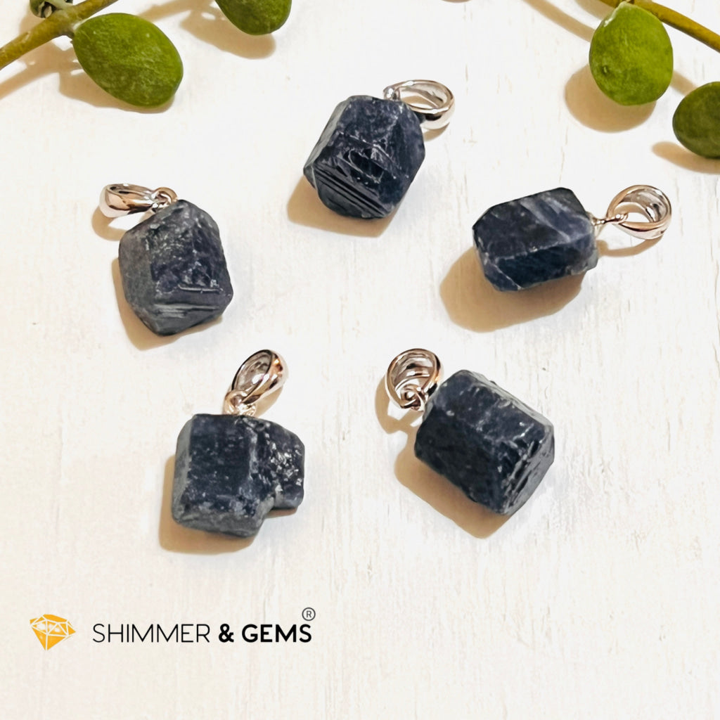 Blue Sapphire Raw Pendant (Fame & Wealth) 925 Silver (Aa Grade) 12.5 Carats Charms Pendants