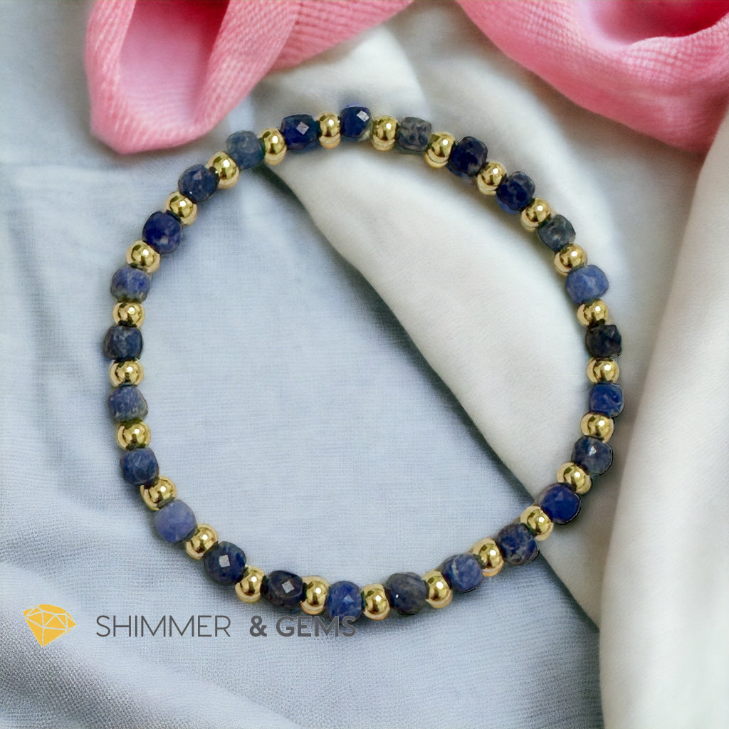 Blue Sodalite Cube (4mm) Bracelet with Stainless Steel Beads