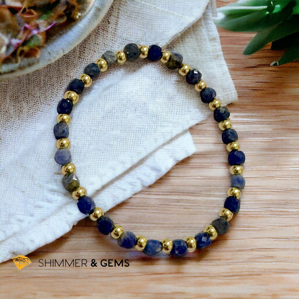 Blue Sodalite Cube (4mm) Bracelet with Stainless Steel Beads