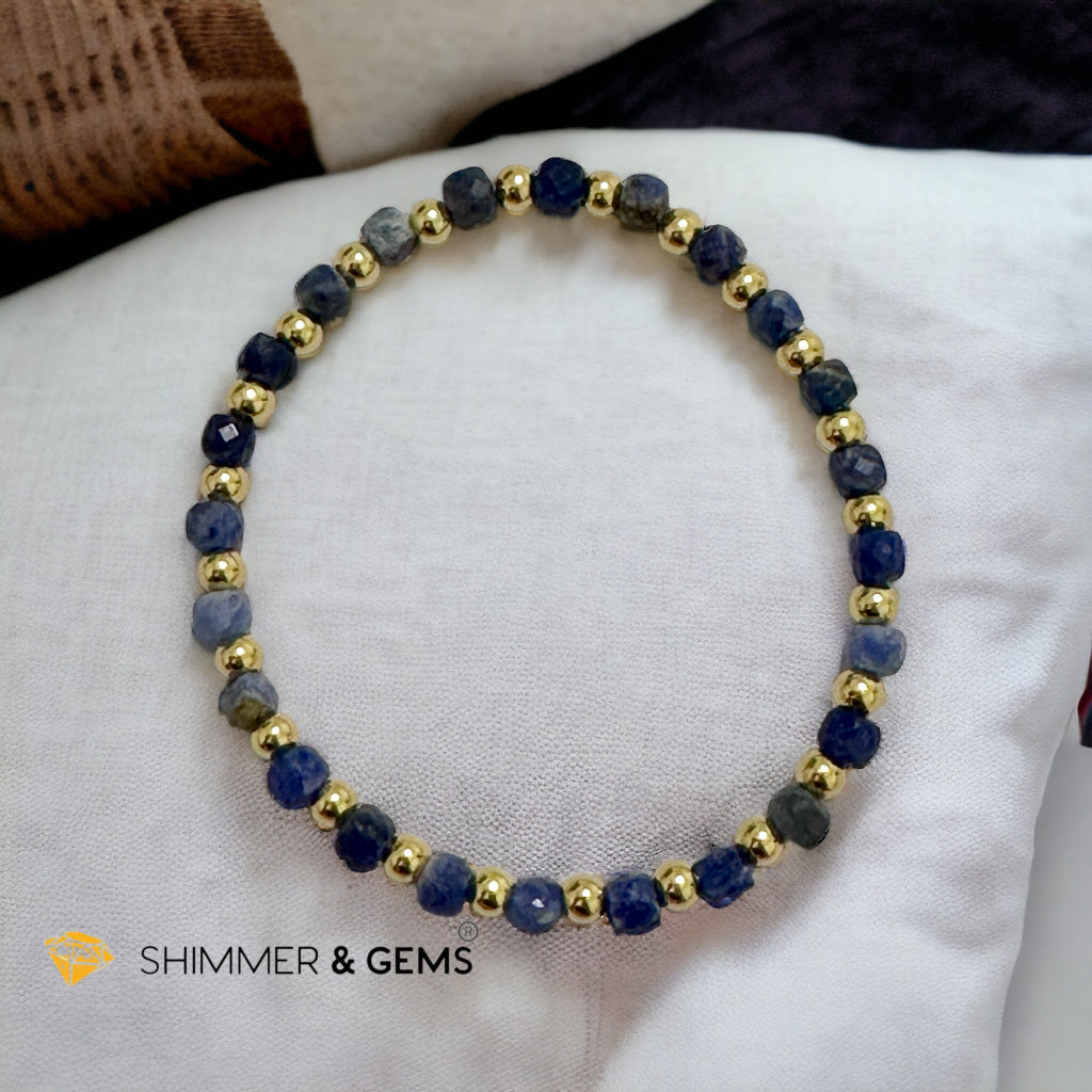 Blue Sodalite Cube (4mm) Bracelet with Stainless Steel Beads