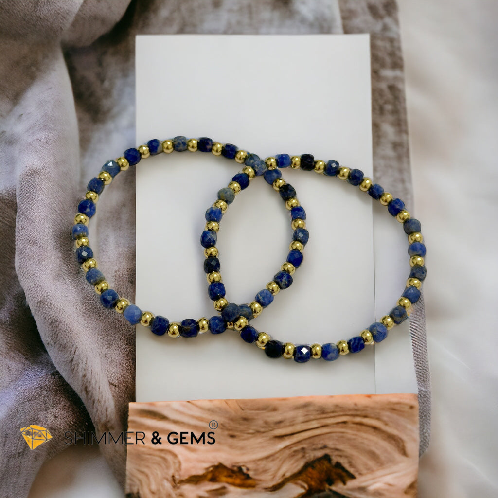 Blue Sodalite Cube (4mm) Bracelet with Stainless Steel Beads