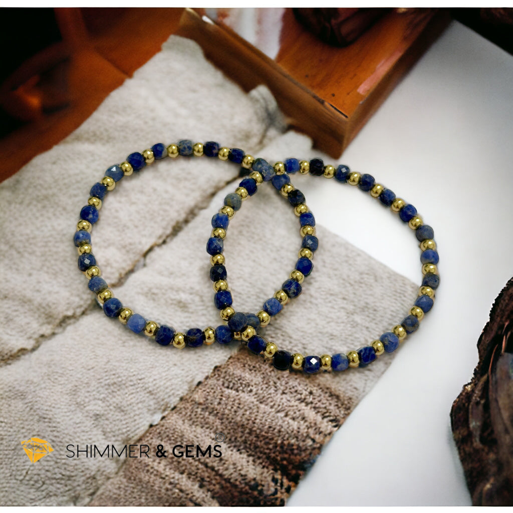 Blue Sodalite Cube (4mm) Bracelet with Stainless Steel Beads