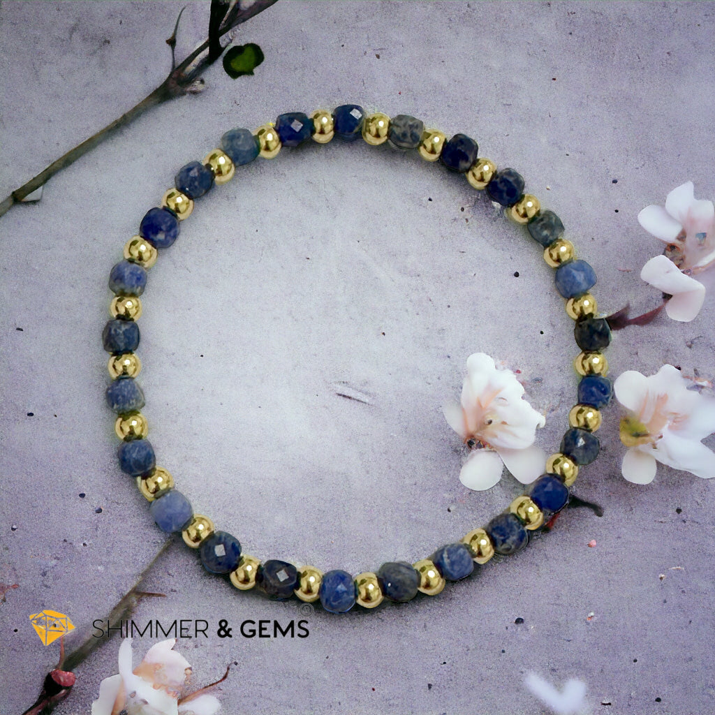 Blue Sodalite Cube (4mm) Bracelet with Stainless Steel Beads