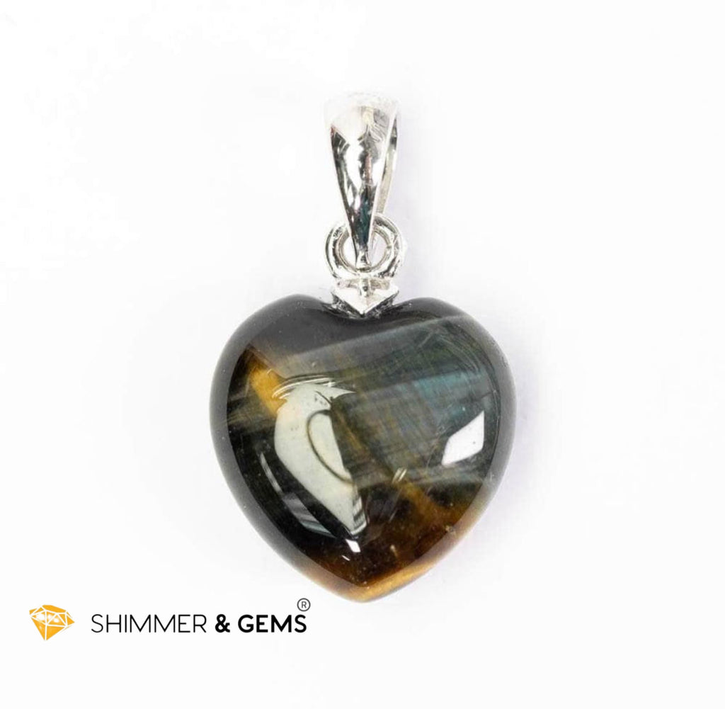Blue Tiger’s Eye 12mm Heart 925 Silver Pendant (Calm Power) 