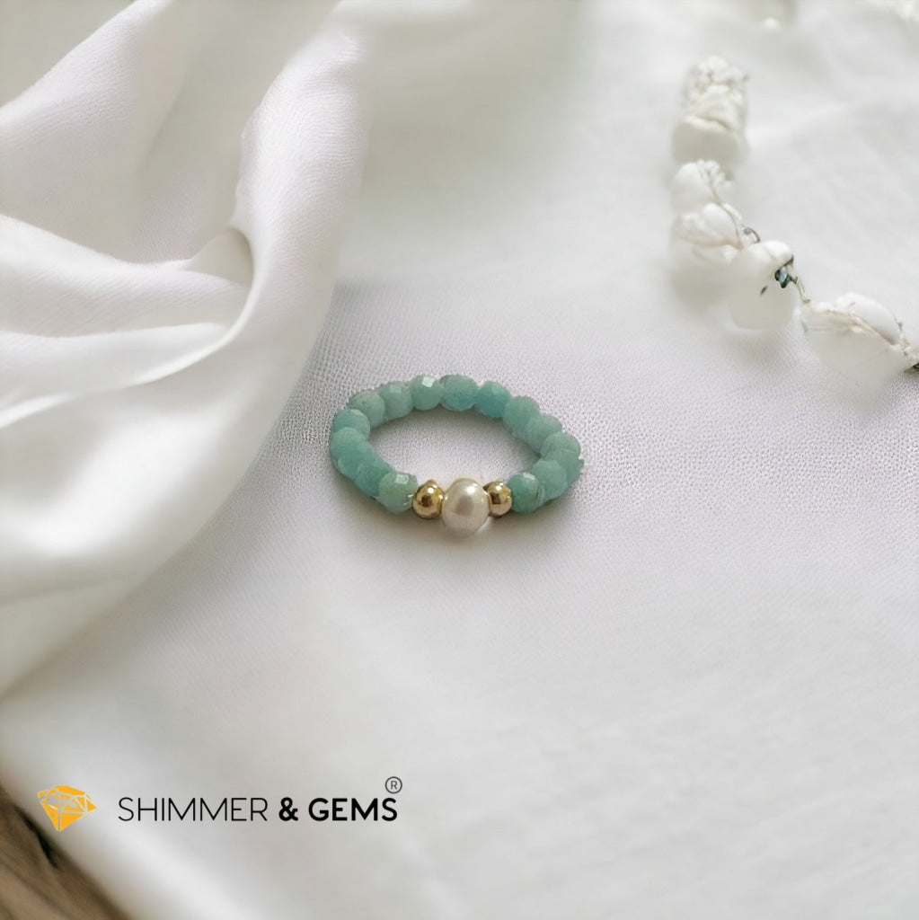 Brazil Amazonite 3mm Beads Ring with Pearl