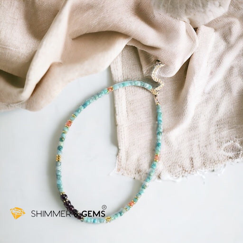 Brazil Amazonite, Sunstone Cubes & Round Garnet Necklace with Stainless Steel Beads & Clasp