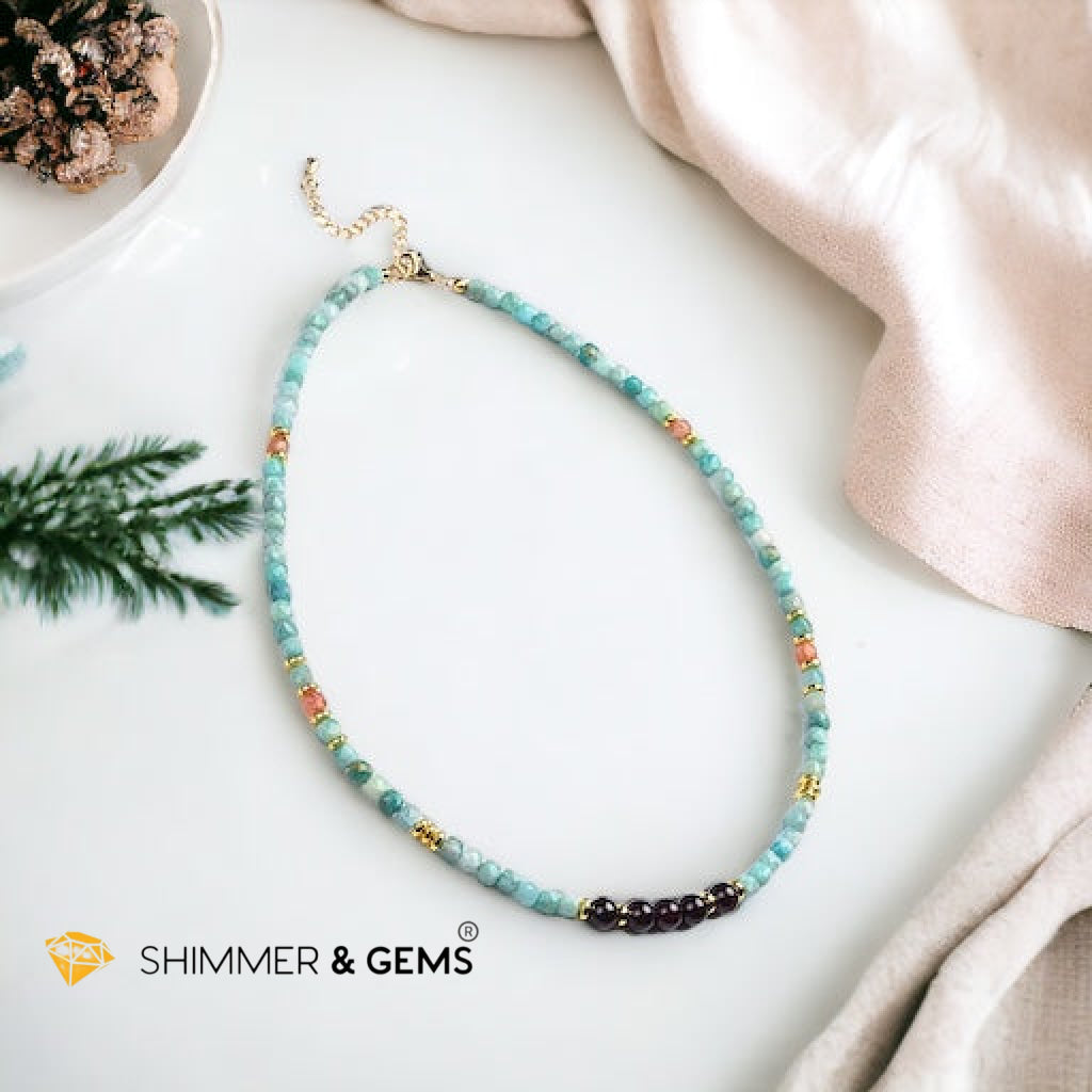 Brazil Amazonite, Sunstone Cubes & Round Garnet Necklace with Stainless Steel Beads & Clasp