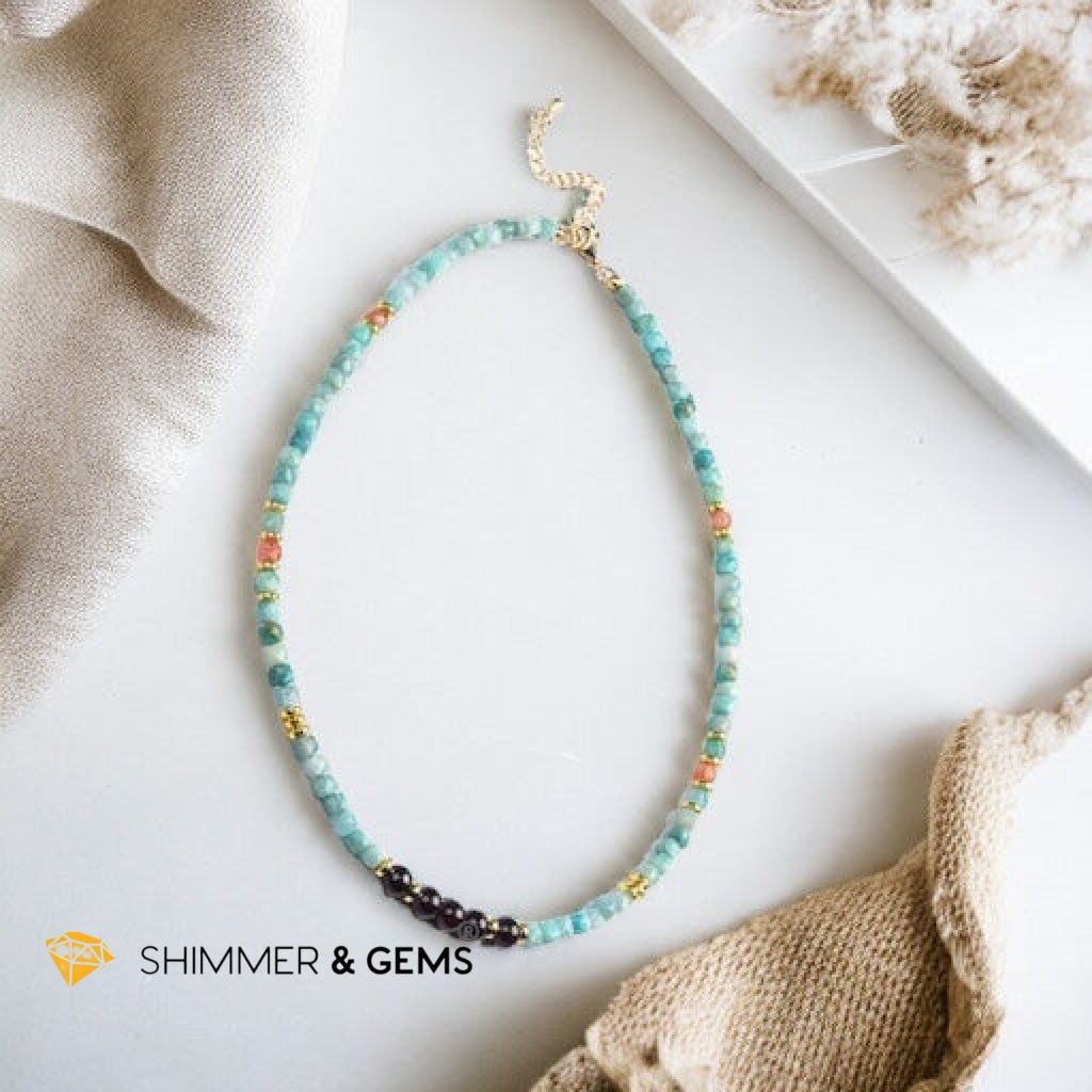 Brazil Amazonite, Sunstone Cubes & Round Garnet Necklace with Stainless Steel Beads & Clasp