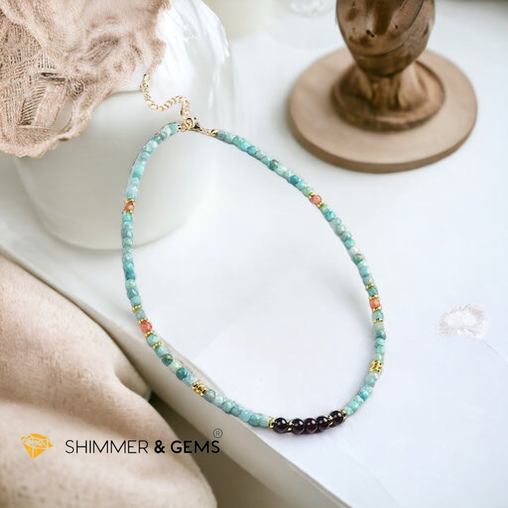 Brazil Amazonite, Sunstone Cubes & Round Garnet Necklace with Stainless Steel Beads & Clasp