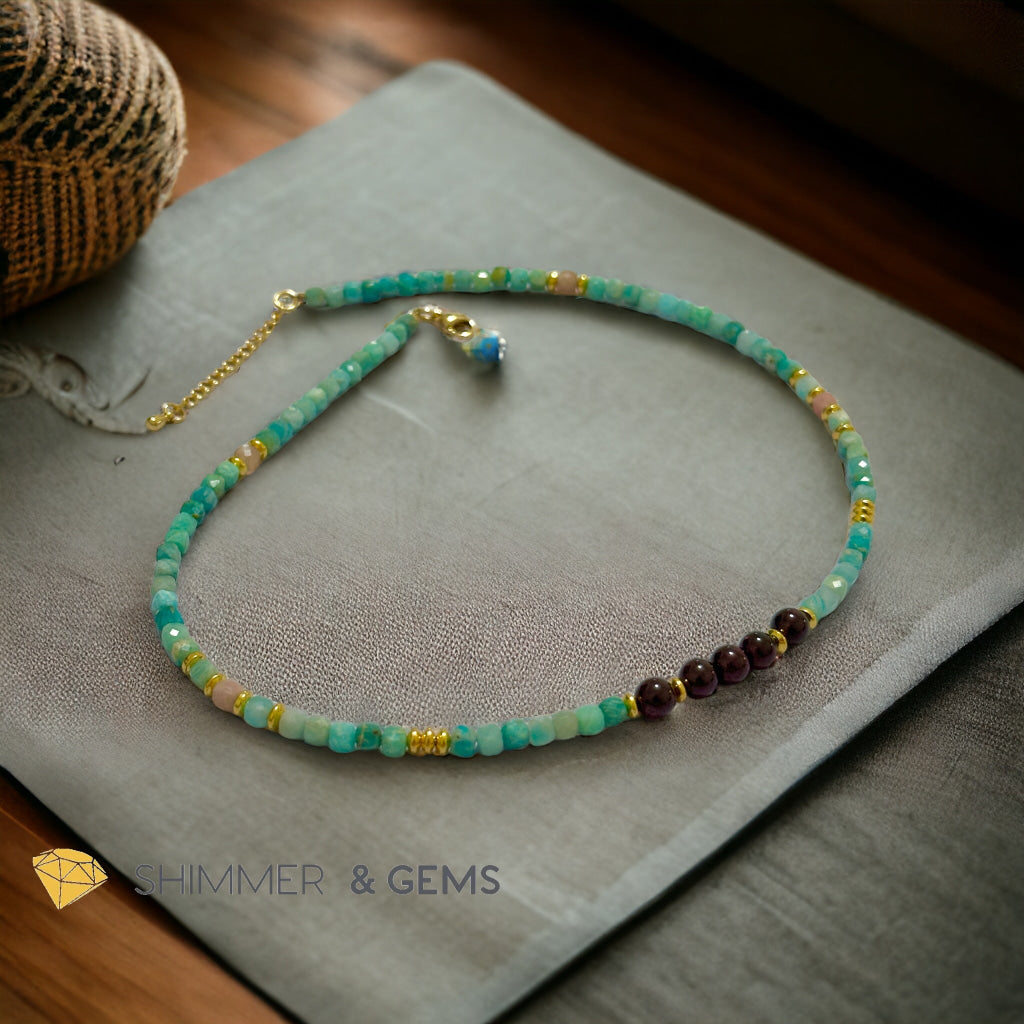 Brazil Amazonite, Sunstone Cubes & Round Garnet Necklace with Stainless Steel Beads & Clasp