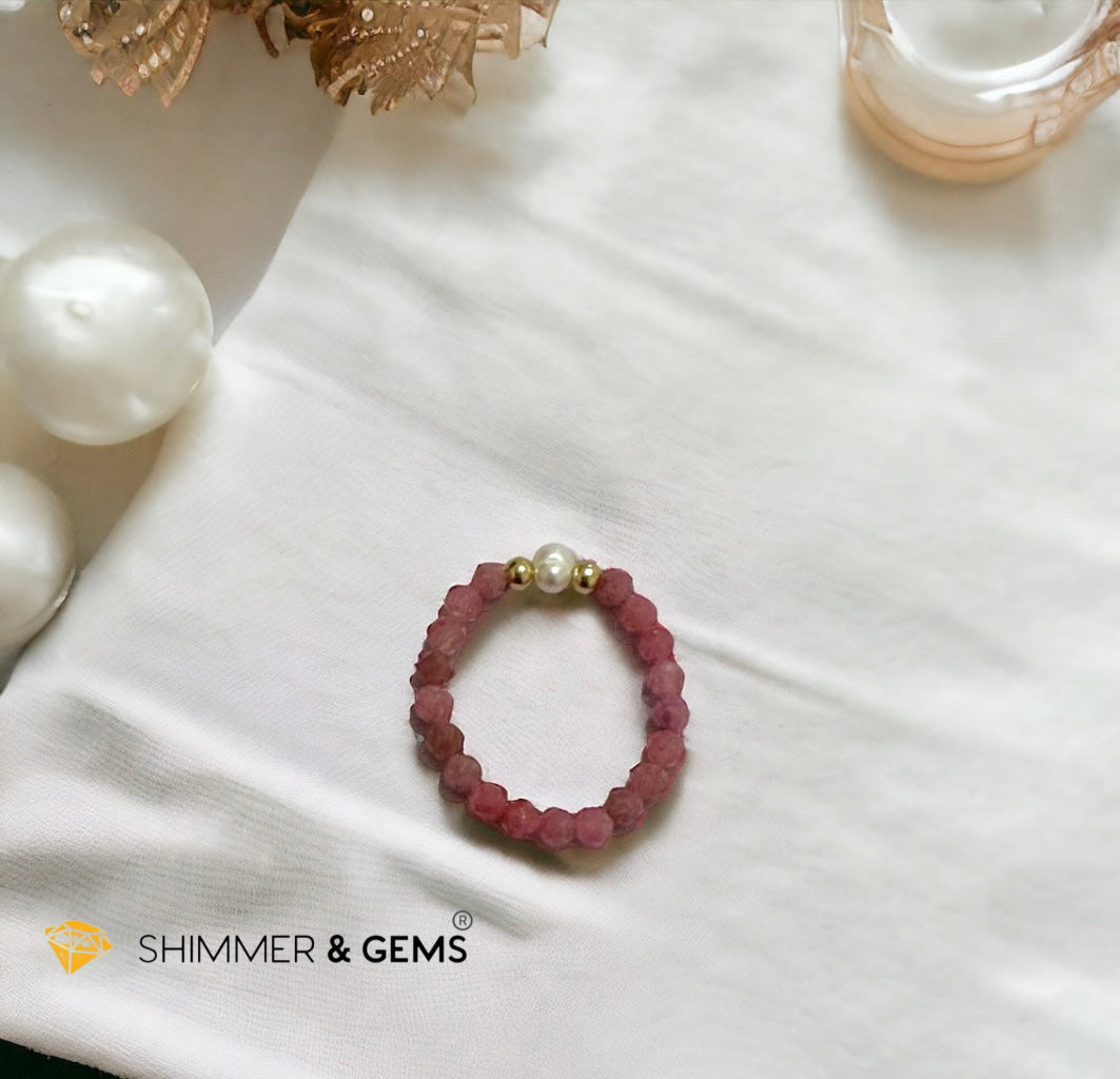 Brazil Rhodonite 3mm Beads Ring with Pearl