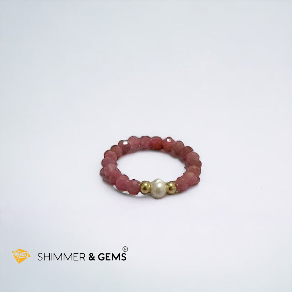 Brazil Rhodonite 3mm Beads Ring with Pearl