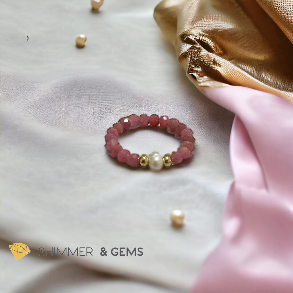Brazil Rhodonite 3mm Beads Ring with Pearl
