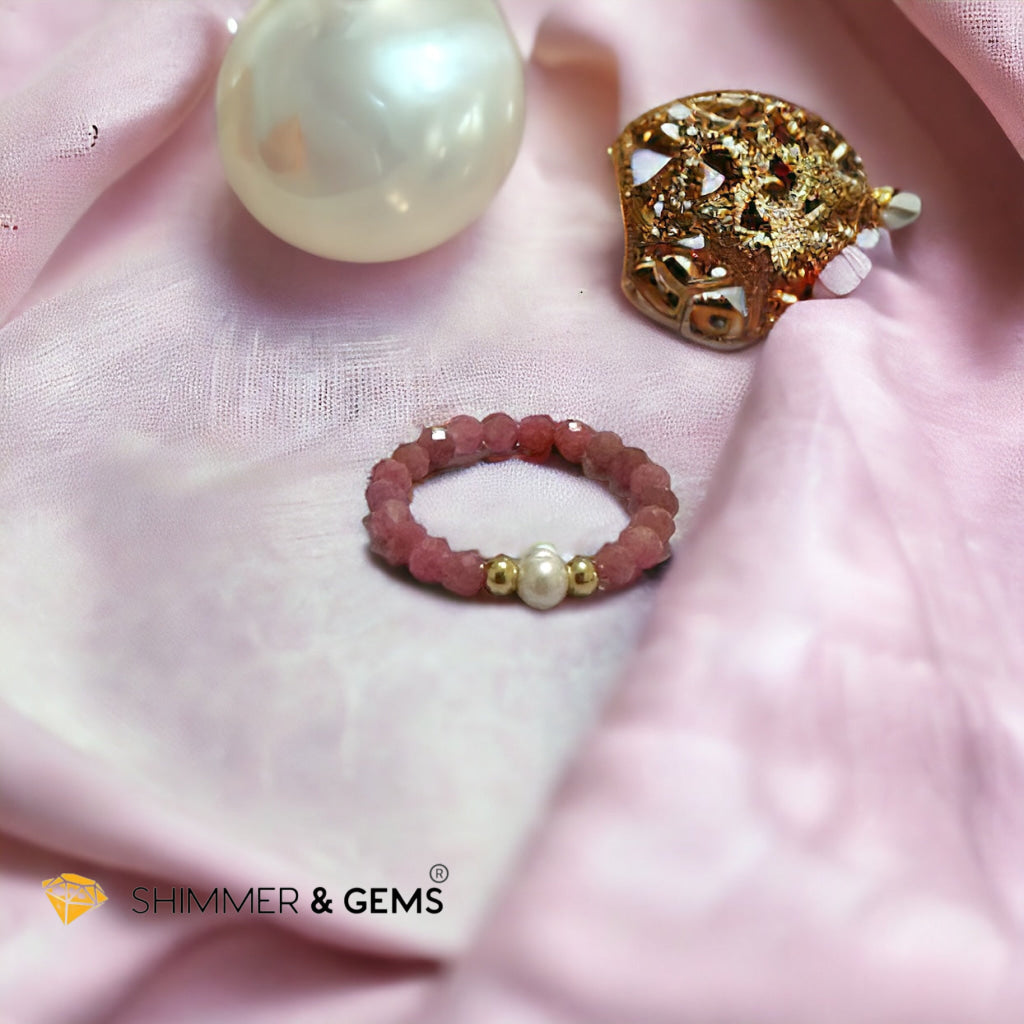 Brazil Rhodonite 3mm Beads Ring with Pearl