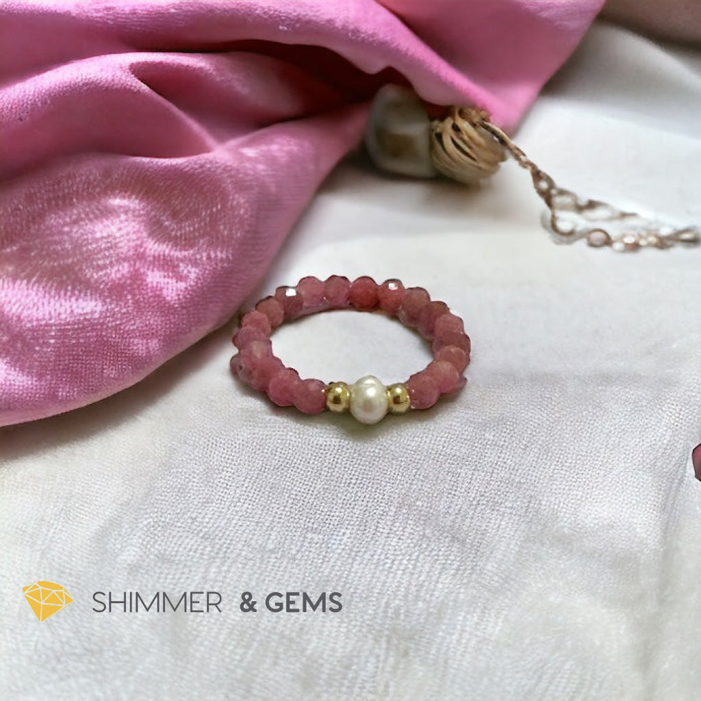 Brazil Rhodonite 3mm Beads Ring with Pearl
