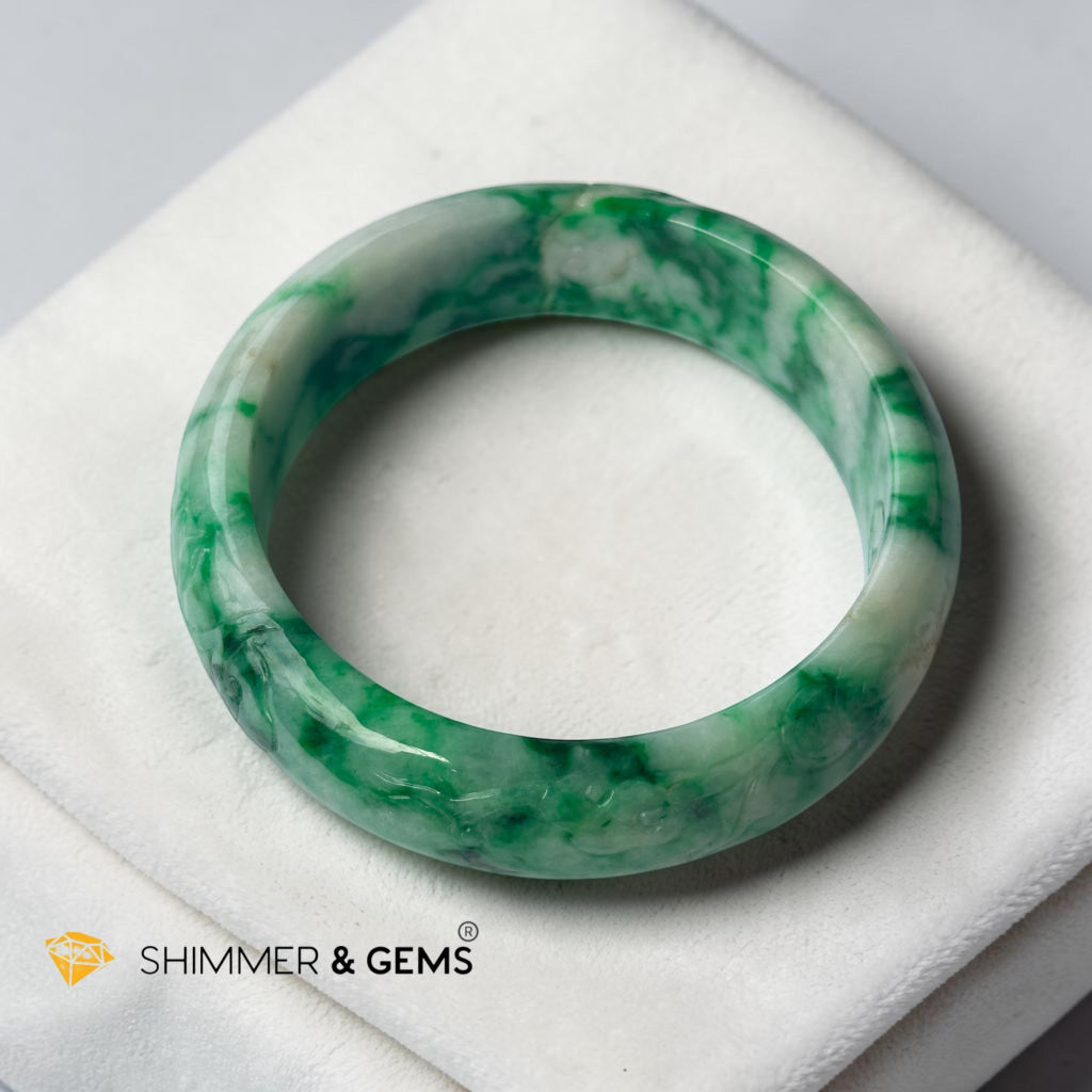 Burma Jadeite Type A Bangle (Apple Green Jadeite with Lotus & Coin Carving)