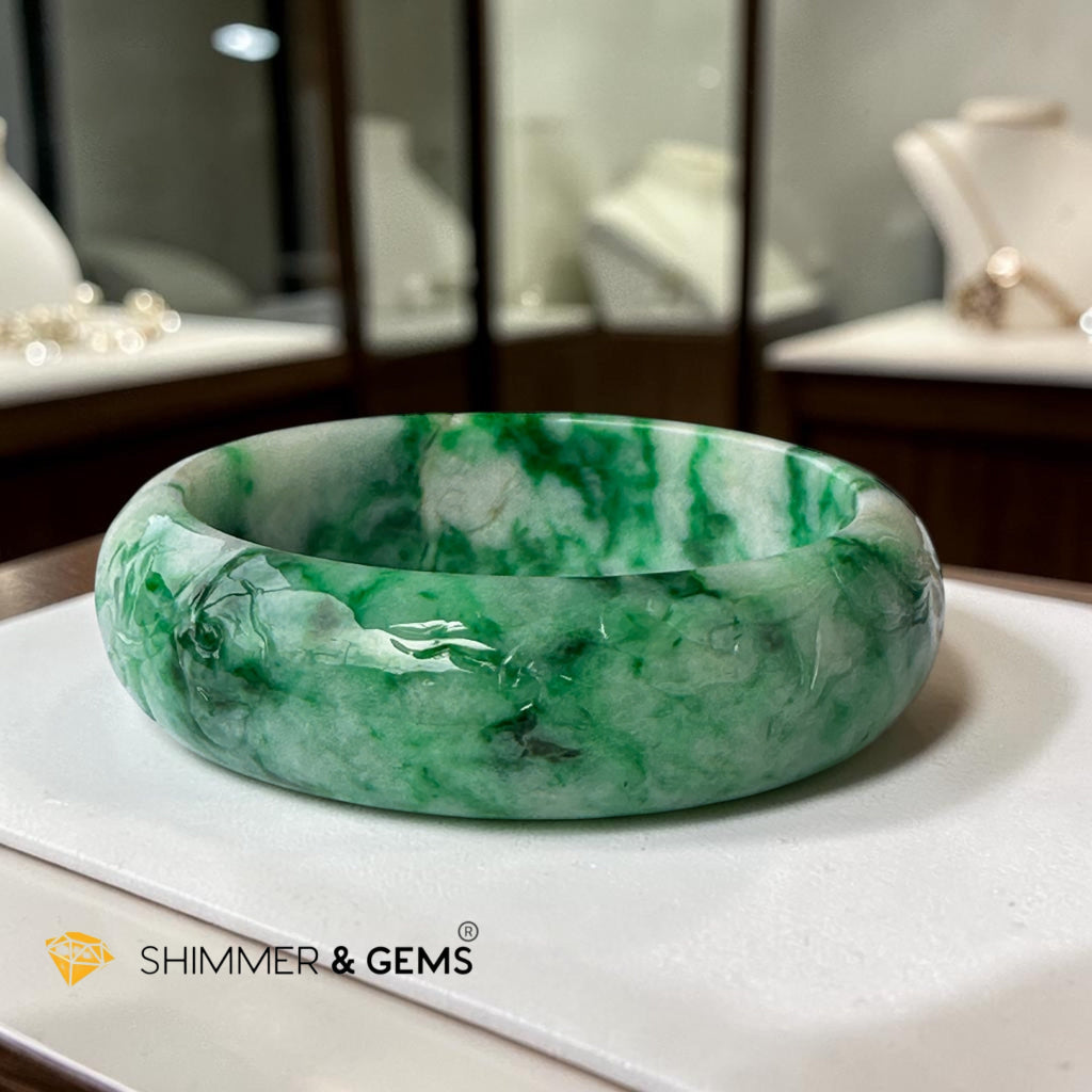 Burma Jadeite Type A Bangle (Apple Green Jadeite with Lotus & Coin Carving)