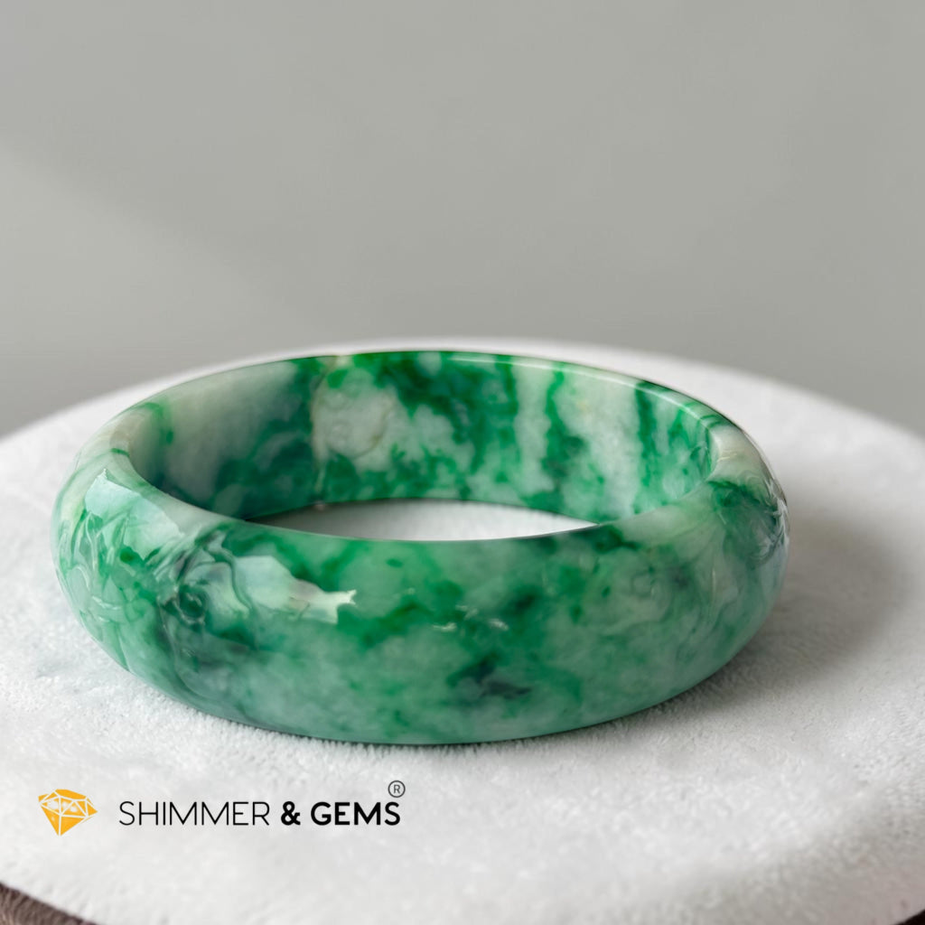Burma Jadeite Type A Bangle (Apple Green Jadeite with Lotus & Coin Carving)