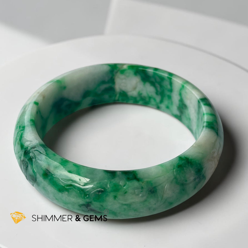 Burma Jadeite Type A Bangle (Apple Green Jadeite with Lotus & Coin Carving)